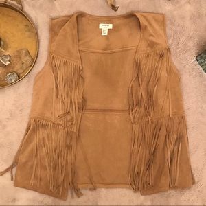 Marina Luna Tan Brown Suede-Like Fringe Vest Top